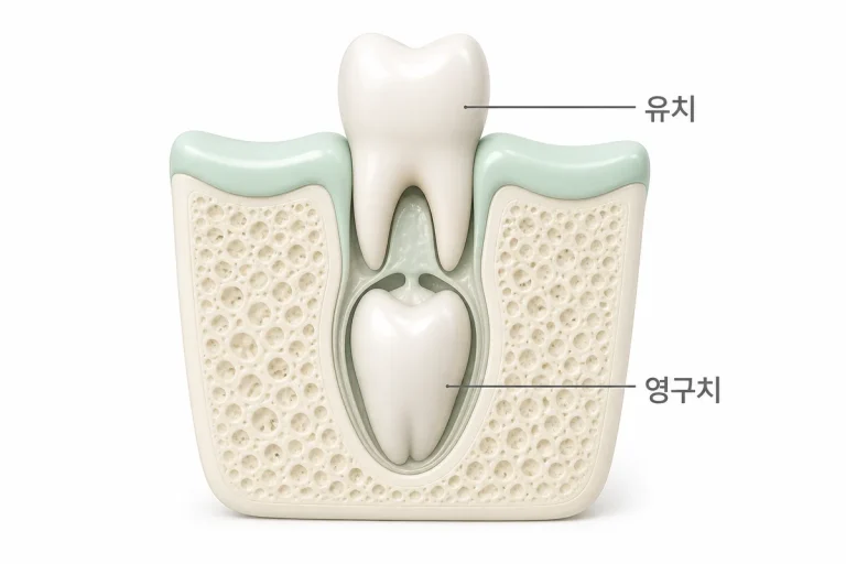 유치 아래에서 영구치가 자라며 나올 자리를 기다리는 모습을 유치·영구치 라벨과 함께 보여주는 3D 단면도