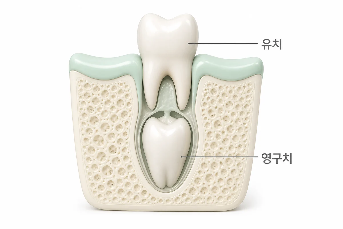 유치 아래에서 영구치가 자라며 나올 자리를 기다리는 모습을 유치·영구치 라벨과 함께 보여주는 3D 단면도