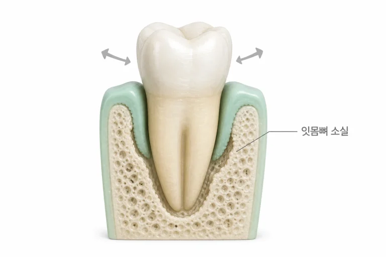 치주염으로 잇몸뼈가 줄어 치아가 흔들리는 모습을 잇몸뼈 소실 라벨과 함께 보여주는 3D 단면도