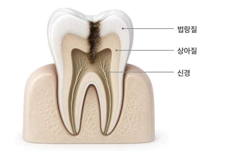 충치가 법랑질에서 상아질을 지나 신경으로 진행되는 단계를 법랑질·상아질·신경 라벨과 함께 보여주는 3D 단면도