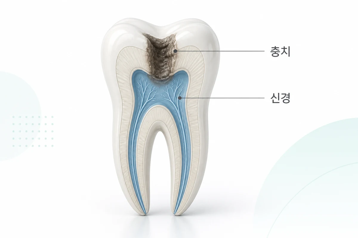 충치가 치아 속 신경까지 진행된 상태를 충치·신경 라벨과 함께 보여주는 3D 단면 개념도