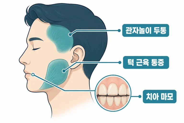 이 악물기가 주는 영향 관자놀이 두통 턱 근육 통증 치아 마모