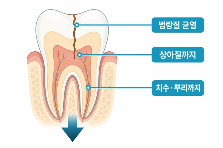 치아 균열이 법랑질에서 상아질 치수 뿌리로 진행되는 단면도