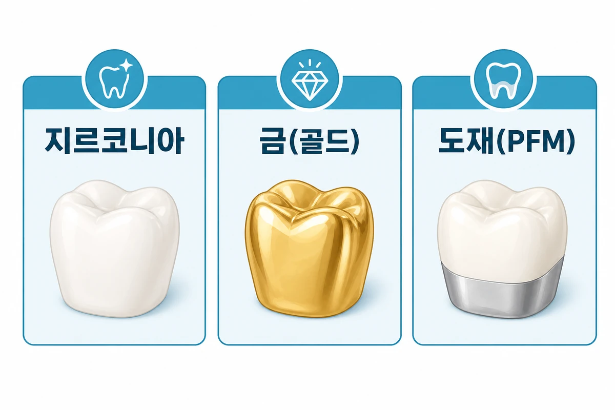 지르코니아 금 도재 크라운 재료 비교