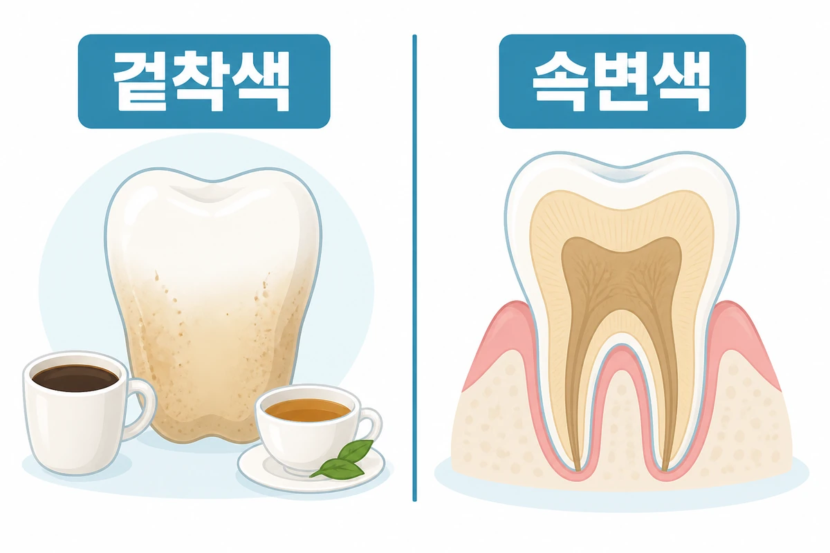 치아 겉착색과 속변색 비교