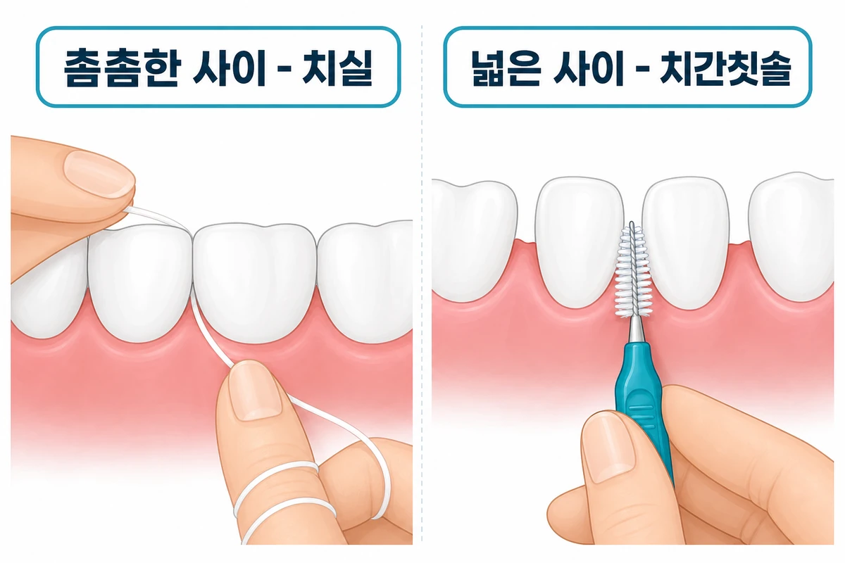 촘촘한 사이는 치실 넓은 사이는 치간칫솔 비교