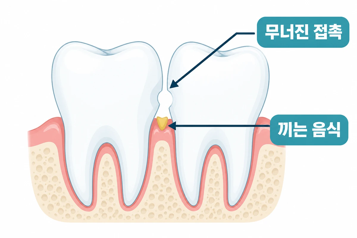 치아 사이 접촉이 무너져 음식이 끼는 단면도