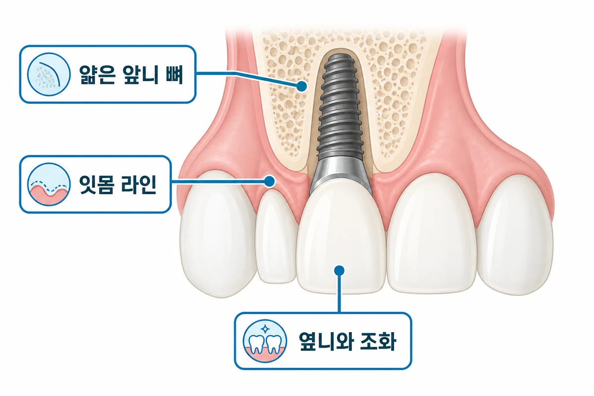 앞니 임플란트 얇은 뼈 잇몸 라인 옆니 조화