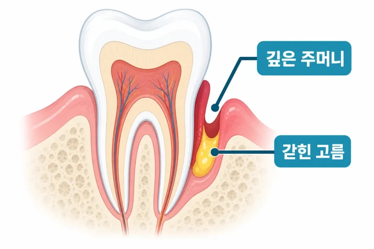 잇몸 속 깊은 주머니에 고름이 찬 치주농양 단면도