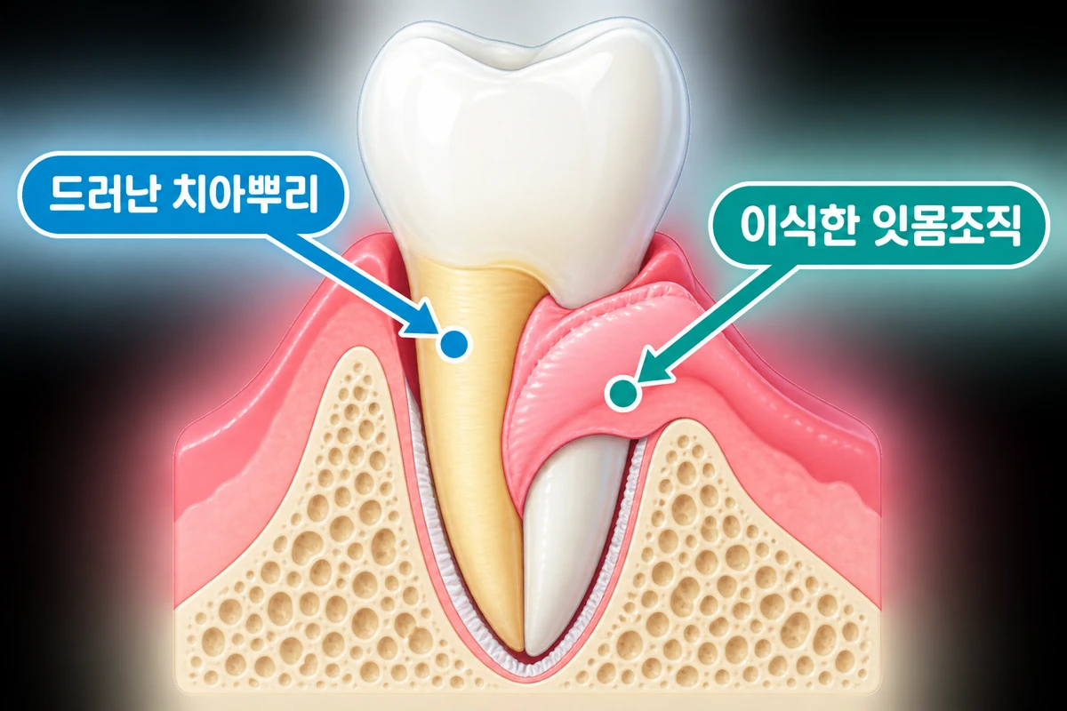 잇몸이 내려간 뿌리에 잇몸조직을 이식해 덮는 단면도