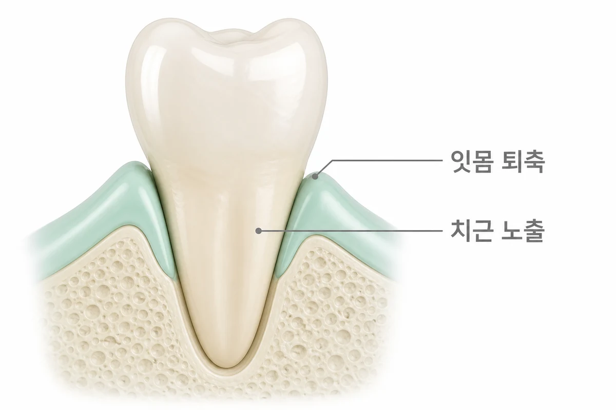 잇몸이 내려앉아 치아 뿌리가 드러난 잇몸 퇴축 상태를 잇몸 퇴축·치근 노출 라벨과 함께 보여주는 3D 단면 개념도
