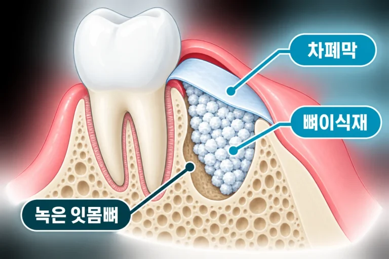 녹은 잇몸뼈에 뼈이식재와 차폐막을 적용한 조직유도재생술 단면도