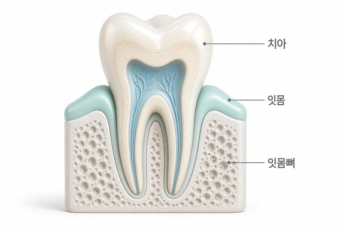 치아·잇몸·잇몸뼈(치조골) 구조를 라벨과 함께 보여주는 3D 단면 개념도 일러스트