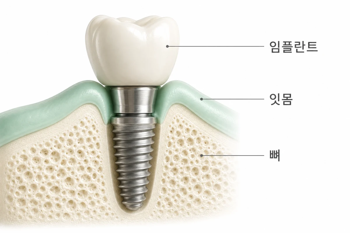 임플란트가 잇몸과 뼈에 자리 잡은 구조를 임플란트·잇몸·뼈 라벨과 함께 보여주는 3D 단면 개념도
