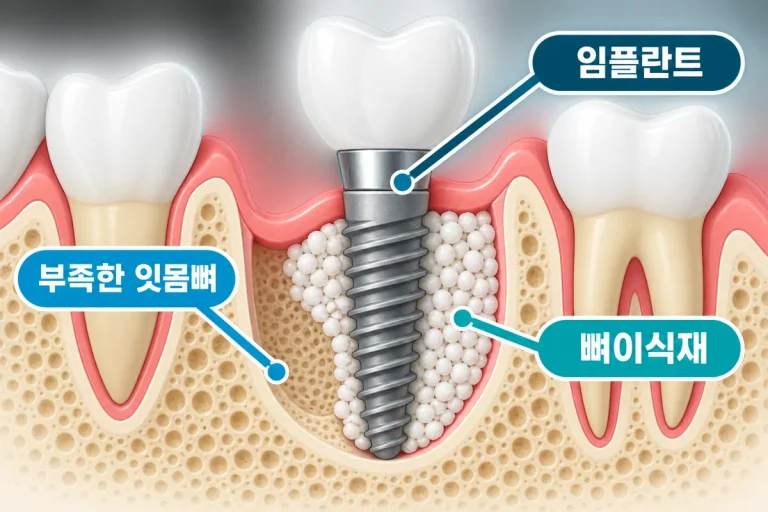 부족한 잇몸뼈에 뼈이식재를 채우고 임플란트를 심은 단면도