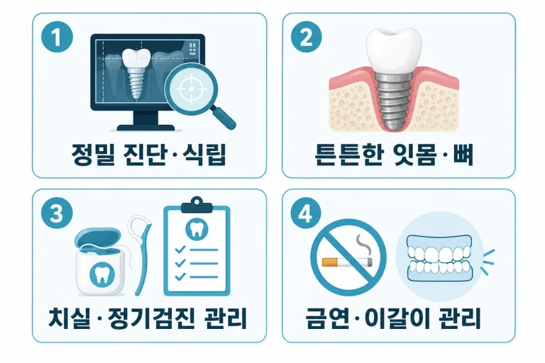 임플란트 수명을 좌우하는 네 가지 요인 인포그래픽