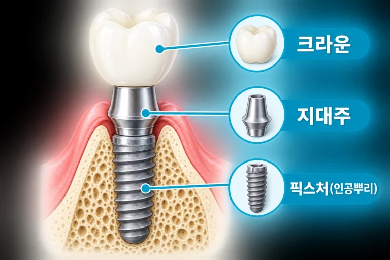 픽스처 지대주 크라운으로 이루어진 임플란트 구조 단면도
