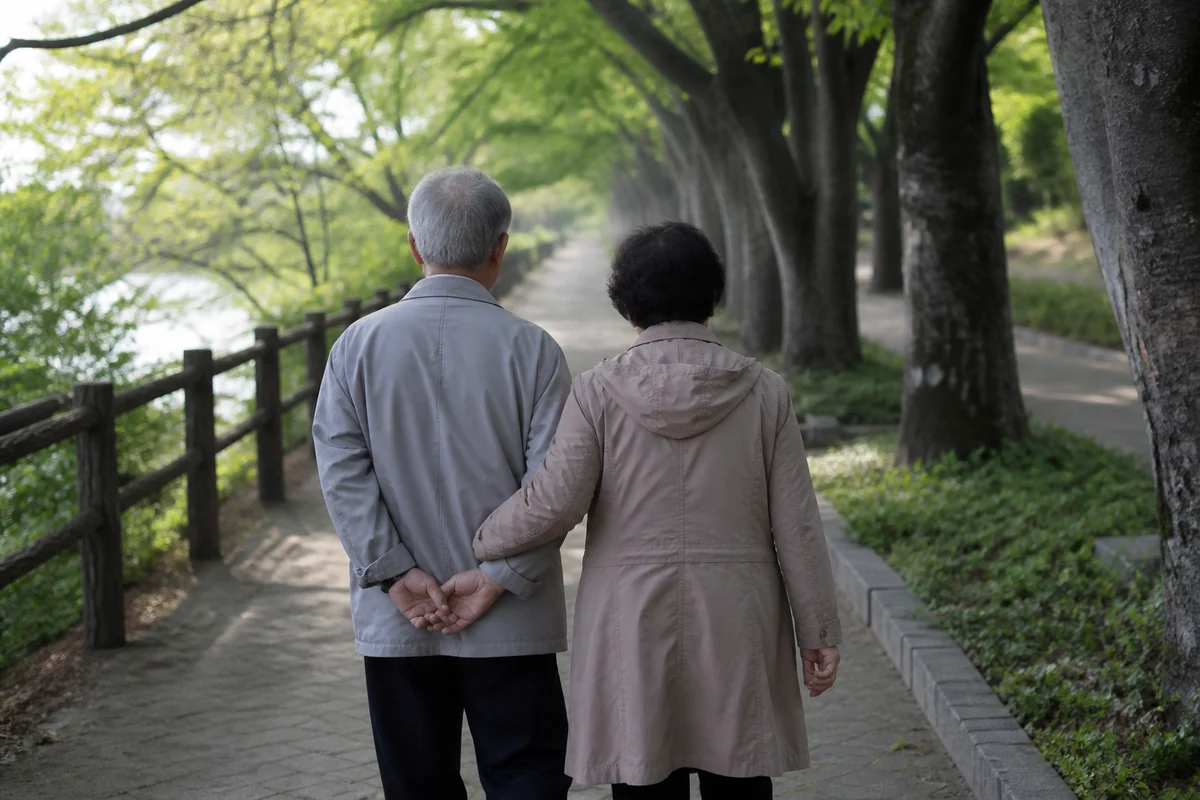 공원 길을 나란히 걷는 노년 부부의 뒷모습