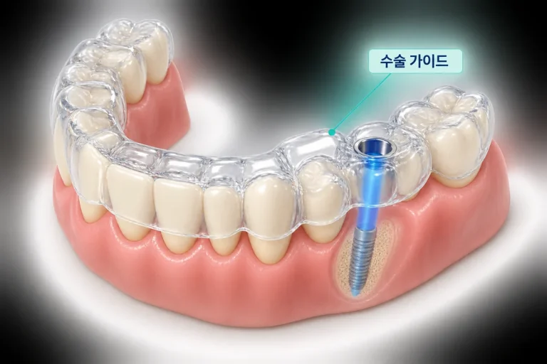 임플란트 수술 가이드로 계획한 위치에 임플란트를 심는 네비게이션 임플란트 개념을 수술 가이드 라벨과 함께 보여주는 3D 개념도