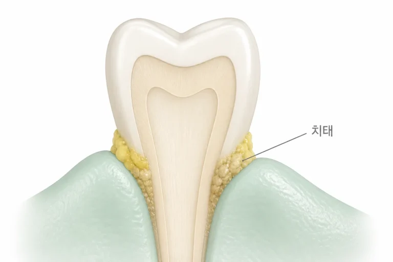 치아와 잇몸 경계에 치태가 쌓여 잇몸 염증을 일으키는 모습을 치태 라벨과 함께 보여주는 3D 개념도