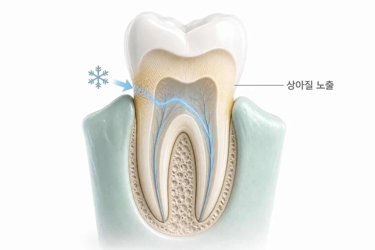 잇몸이 내려가 상아질이 드러나 찬 자극이 신경으로 전달되는 치아 시림 기전을 상아질 노출 라벨과 함께 보여주는 3D 단면도