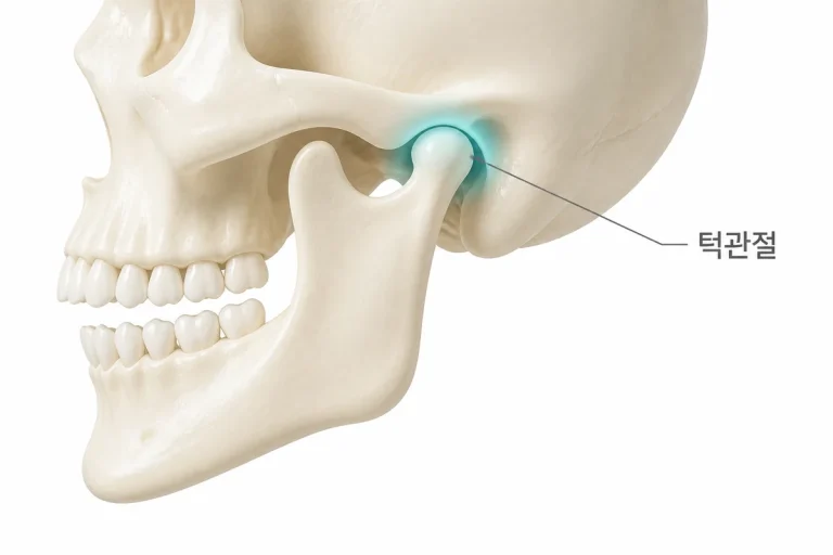 턱관절(측두하악관절)의 위치를 턱관절 라벨과 함께 보여주는 3D 뼈 구조 개념도