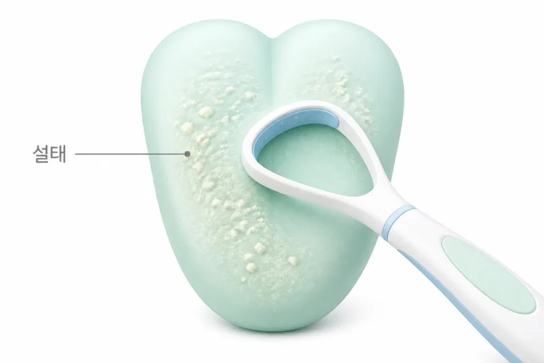 혀에 낀 설태와 혀 세정기를 설태 라벨과 함께 보여주는 3D 개념 일러스트