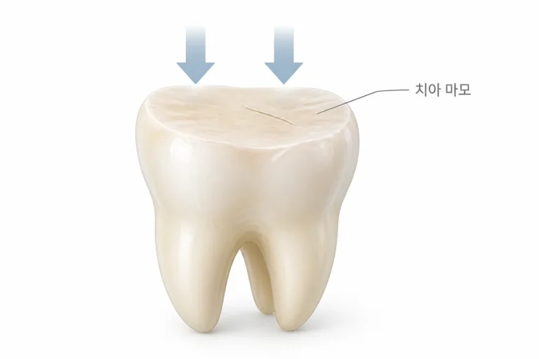 이갈이로 씹는 면이 닳고 금이 간 치아를 치아 마모 라벨과 함께 보여주는 3D 개념도
