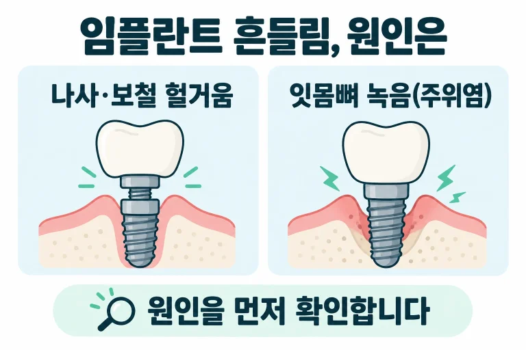 동탄에서 임플란트가 흔들릴 때 무엇을 확인하는지 정리했습니다. 나사 문제인지 잇몸뼈 문제인지 3D CT로 확인해, 원인에 맞게 대처합니다.