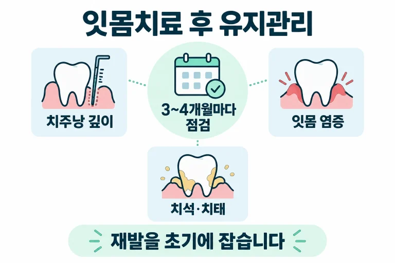 동탄에서 잇몸치료를 받은 뒤 유지관리를 왜 3~4개월마다 받는지 정리했습니다. 치주과 전문의가 재발을 살피며 관리 주기를 안내합니다.