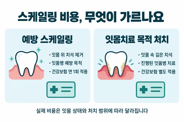 스케일링 비용을 가르는 기준을 예방 스케일링(건강보험)과 잇몸치료 목적 처치로 나눈 안내도